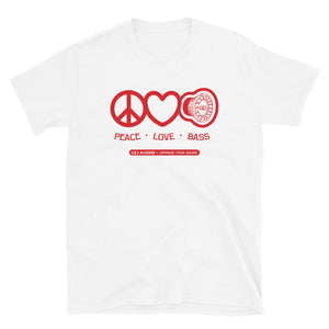 DD Audio -Peace Love Bass 2 (Red Logo) T-Shirt